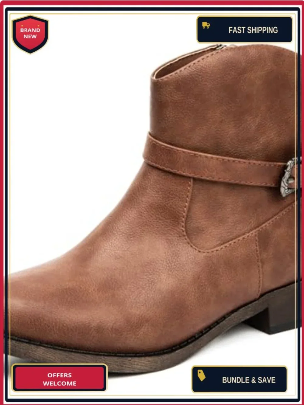 Women's Ankle Boots Low Chunky Heel Faux Leather Zipper Round Toe Cowboy Cowgirl